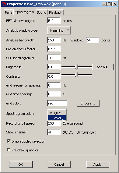 changing spectrogram property options